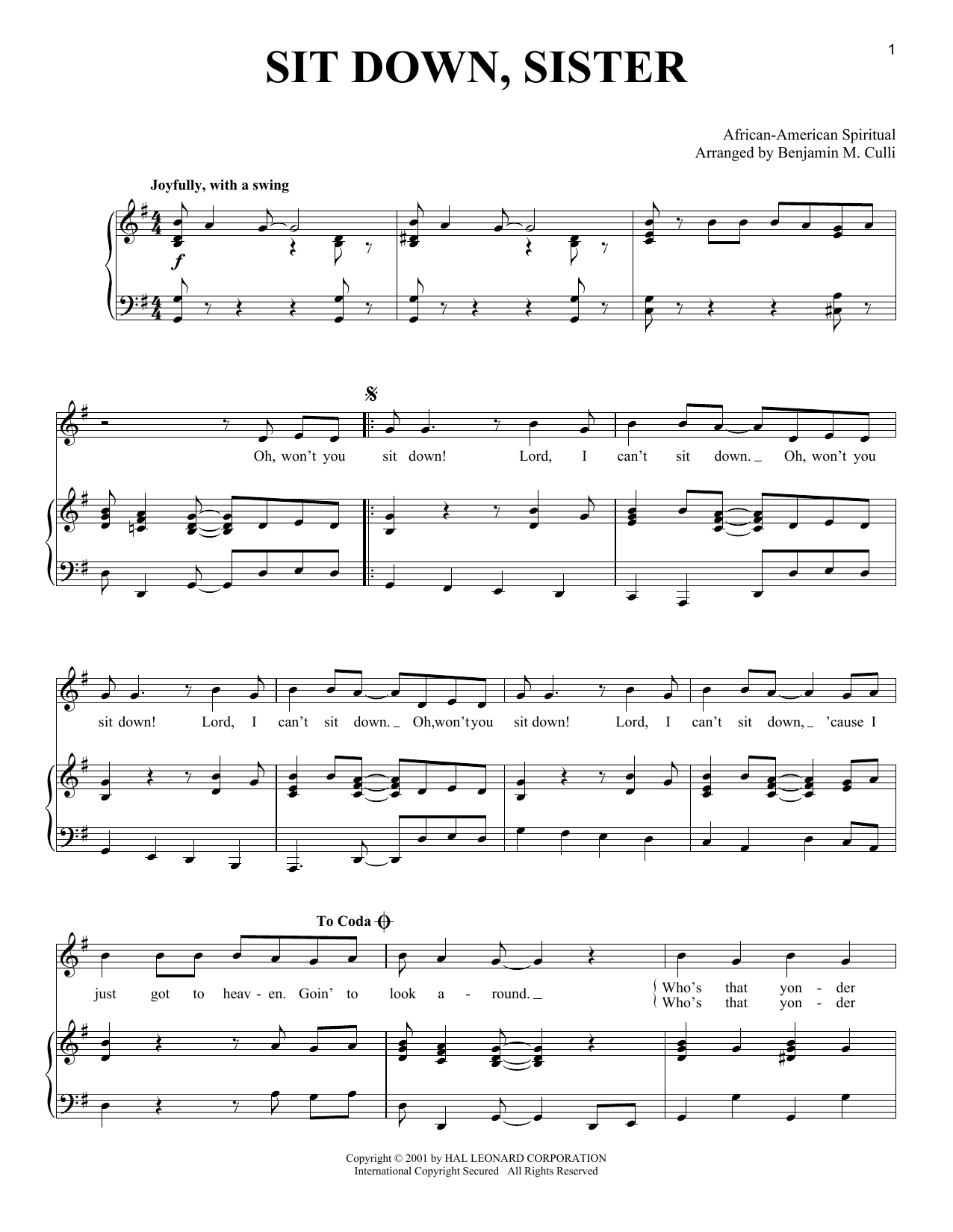African-American Spiritual Sit Down, Sister sheet music notes and chords arranged for Piano & Vocal