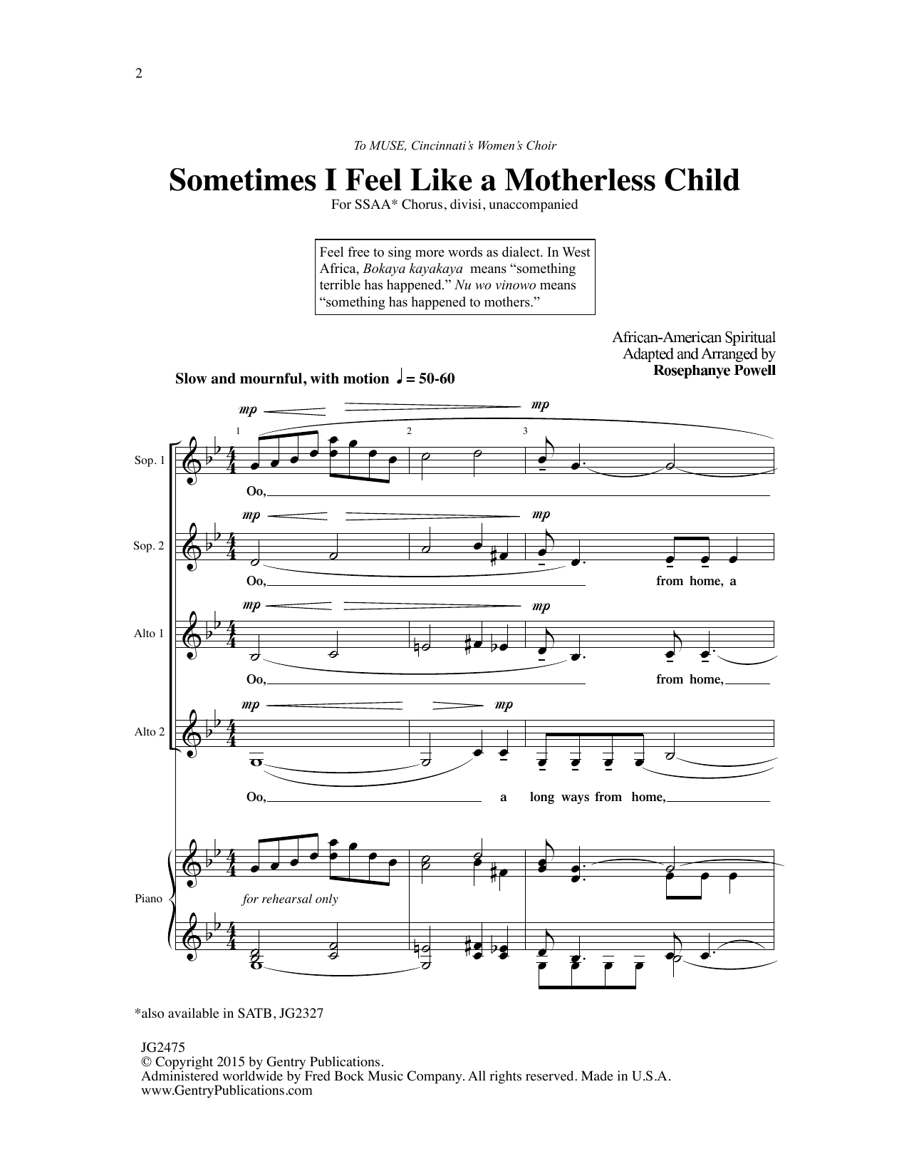 African-American Spiritual Sometimes I Feel Like A Motherless Child (arr. Rosephanye Powell) sheet music notes and chords arranged for SSA Choir