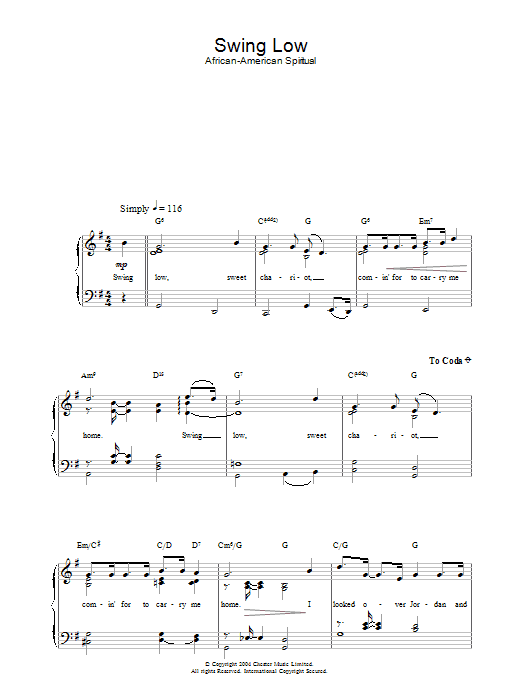 Traditional Swing Low, Sweet Chariot sheet music notes and chords arranged for Easy Piano