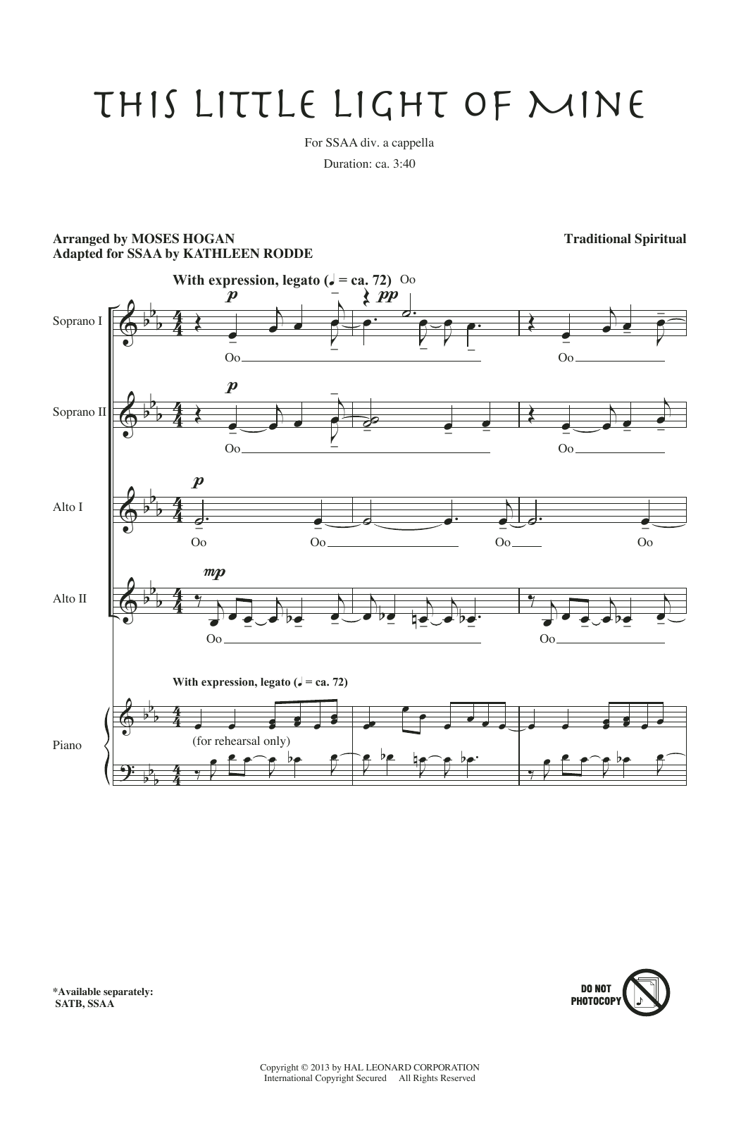 African-American Spiritual This Little Light Of Mine (arr. Moses Hogan) sheet music notes and chords arranged for SSA Choir