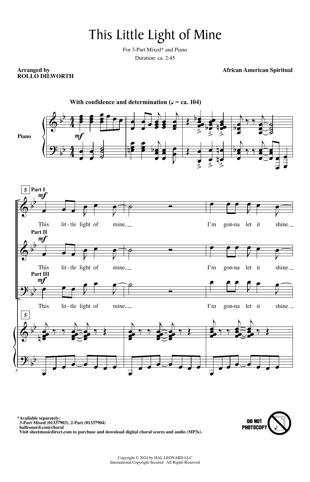 African-American Spiritual This Little Light Of Mine (arr. Rollo Dilworth) sheet music notes and chords arranged for 3-Part Mixed Choir