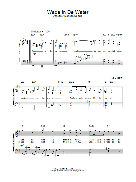 African-American Spiritual Wade In De Water sheet music notes and chords arranged for Easy Piano