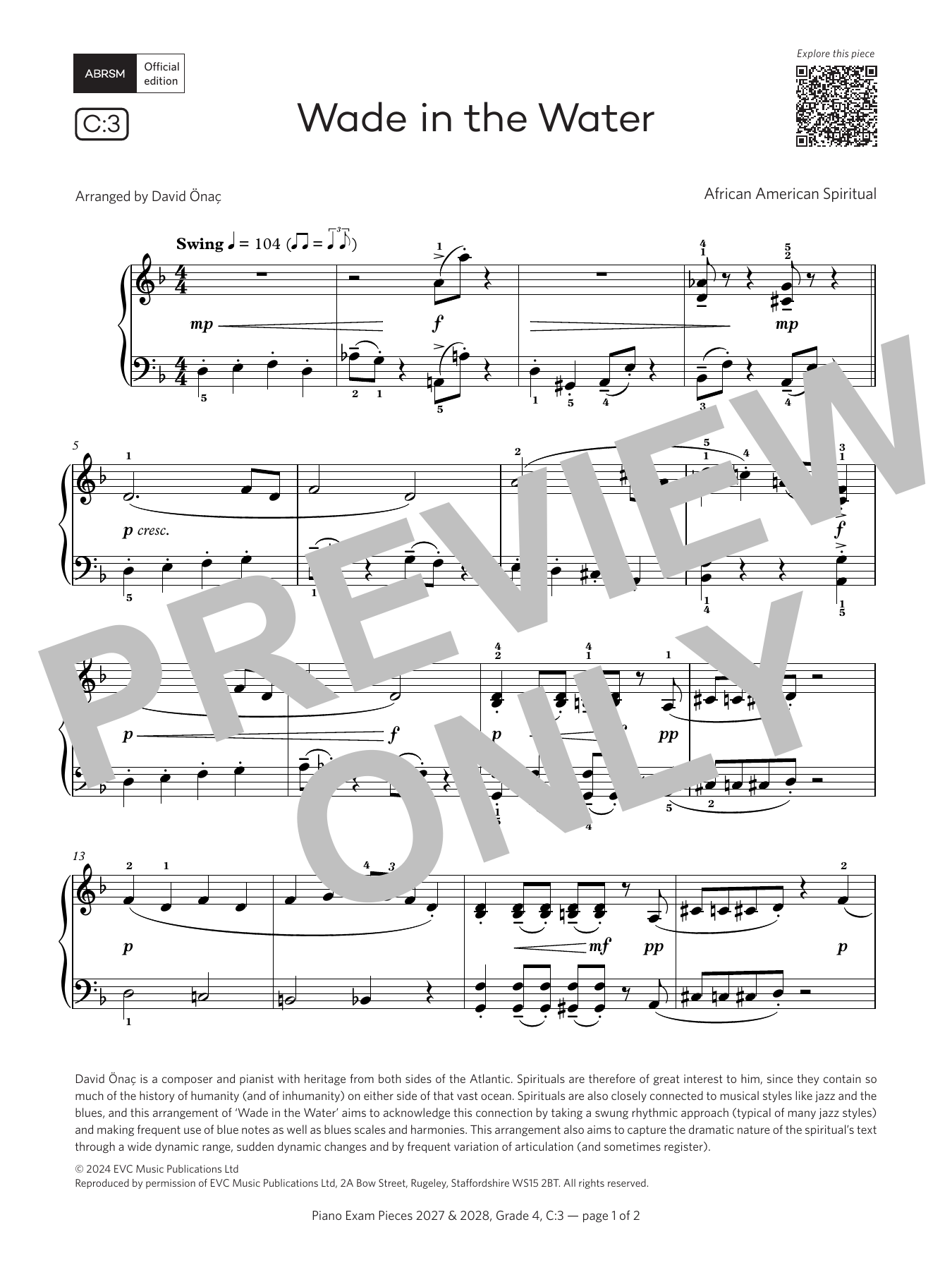 African-American Spiritual Wade in the Water (Grade 4, list C3, from the ABRSM Piano Syllabus 2027 & 2028) sheet music notes and chords arranged for Piano Solo