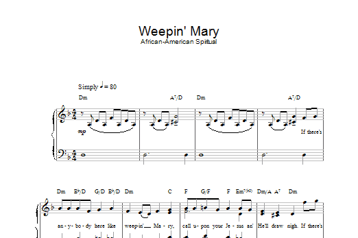 African-American Spiritual Weepin' Mary sheet music notes and chords arranged for Piano, Vocal & Guitar Chords
