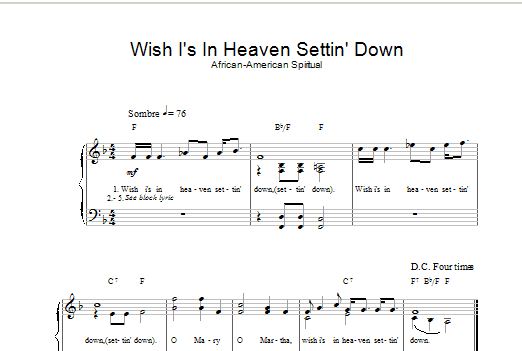 African-American Spiritual Wish I's In Heaven Settin' Down sheet music notes and chords arranged for Piano, Vocal & Guitar Chords