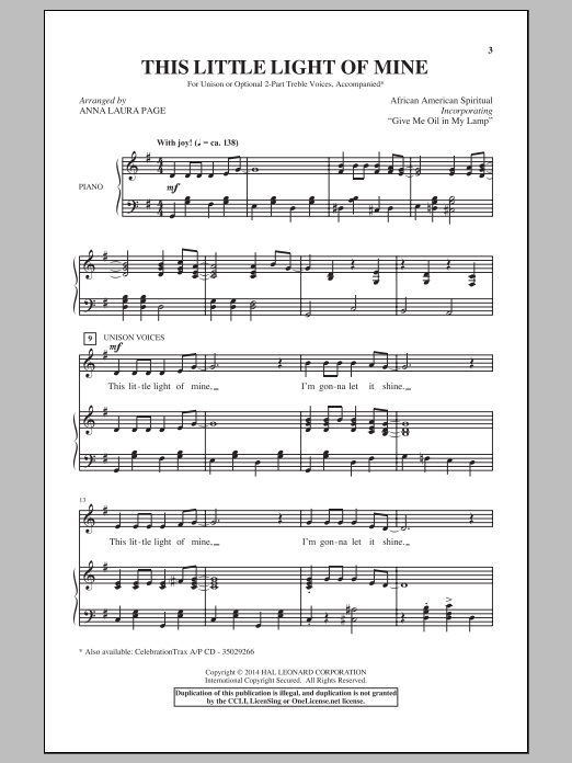 African-American Spiritual Give Me Oil In My Lamp (arr. Anna Laura Page) sheet music notes and chords arranged for 2-Part Choir