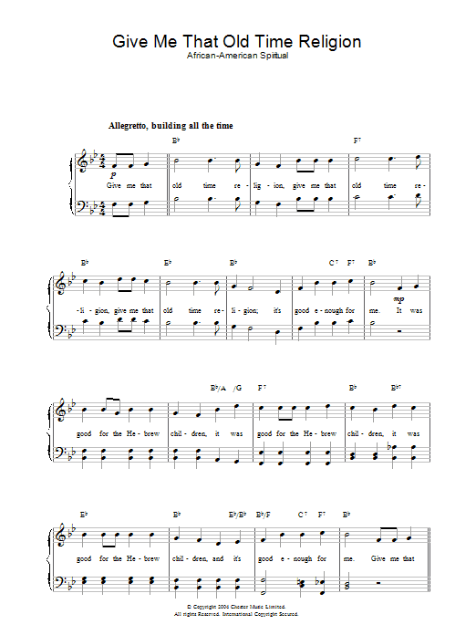 African-American Spiritual Give Me That Old Time Religion sheet music notes and chords. Download Printable PDF.