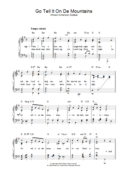African-American Spiritual Go Tell It On De Mountains sheet music notes and chords. Download Printable PDF.