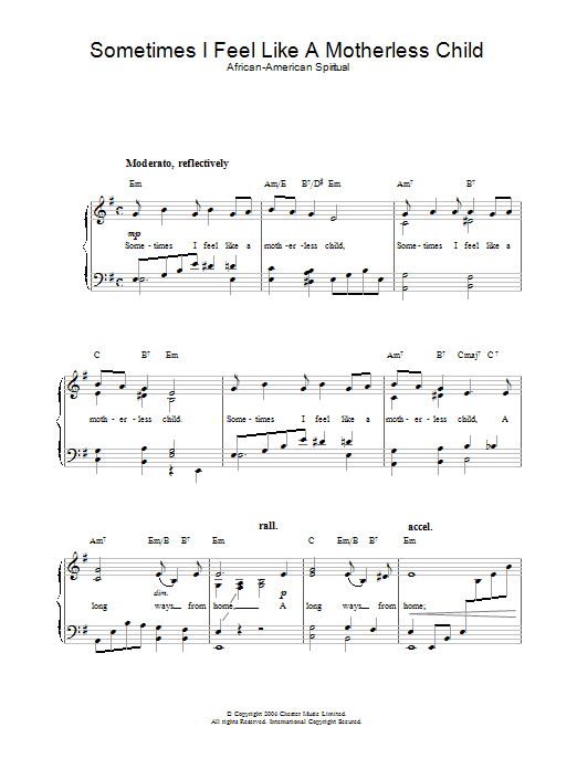 African-American Spiritual Sometimes I Feel Like A Motherless Child sheet music notes and chords. Download Printable PDF.