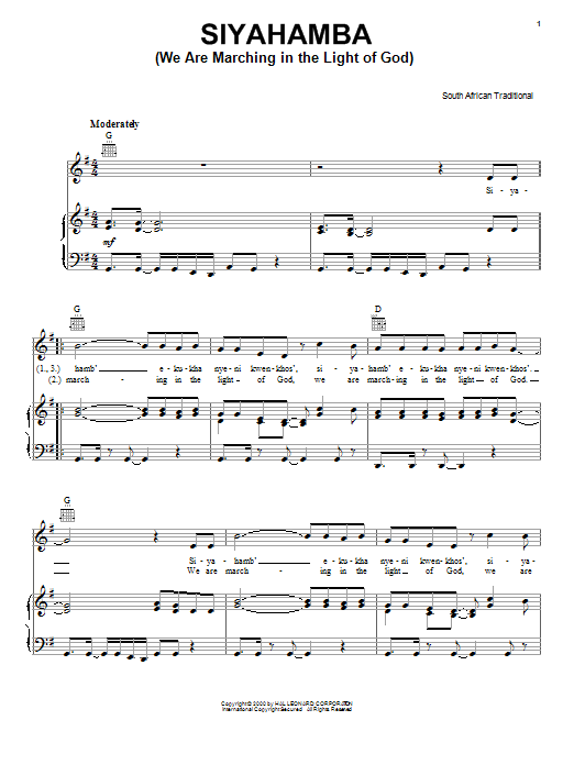 African Folksong Siyahamba (We Are Marching In The Light Of God) sheet music notes and chords. Download Printable PDF.