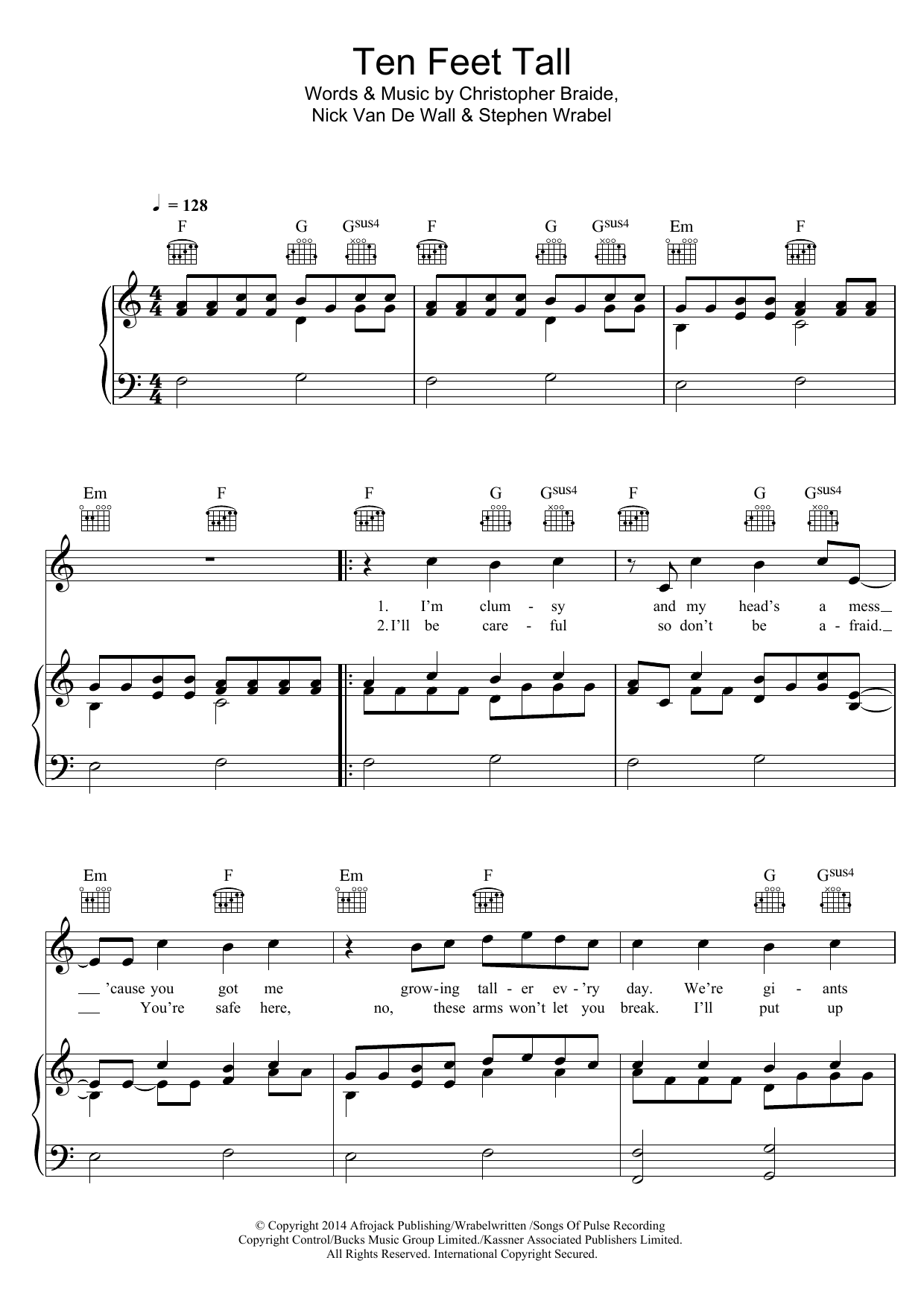 Afrojack Ten Feet Tall sheet music notes and chords arranged for Piano, Vocal & Guitar Chords