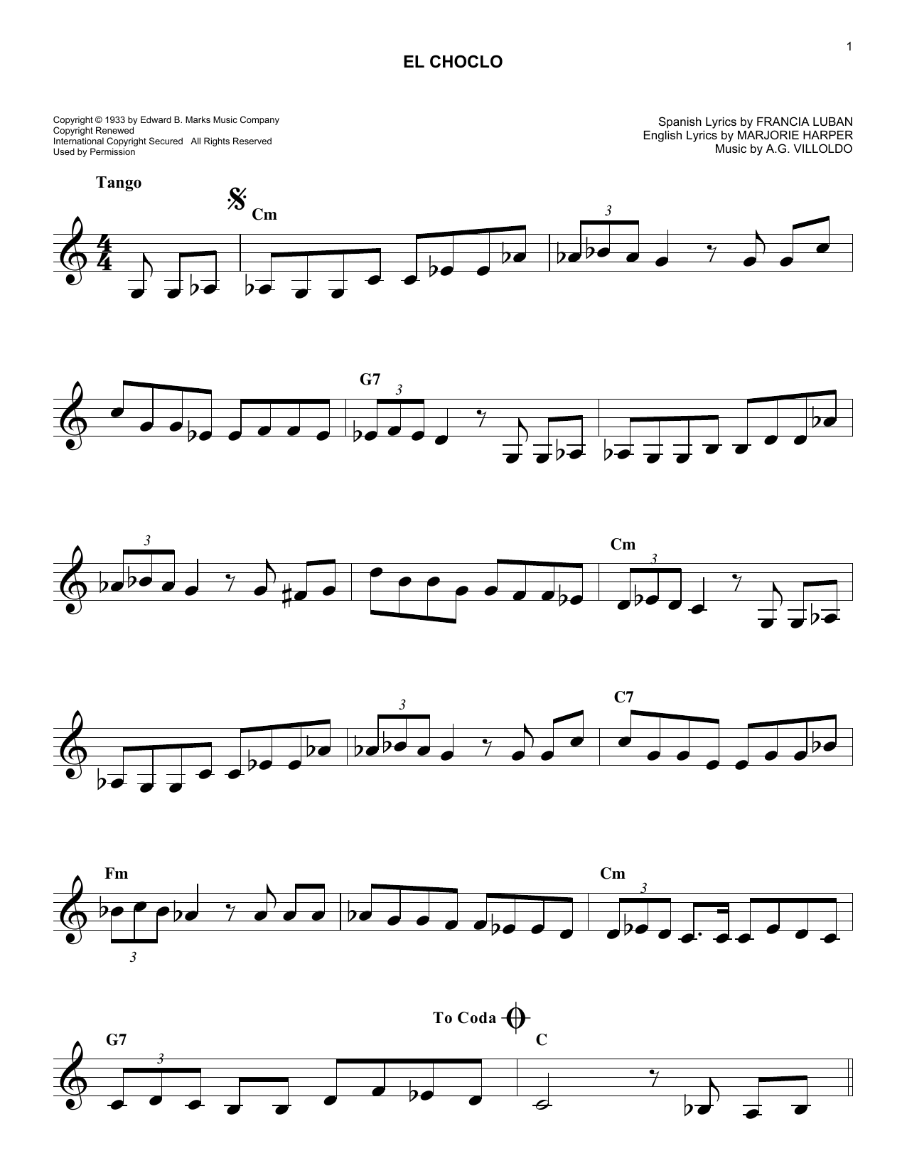 A.G. Villoldo El Choclo sheet music notes and chords arranged for Lead Sheet / Fake Book
