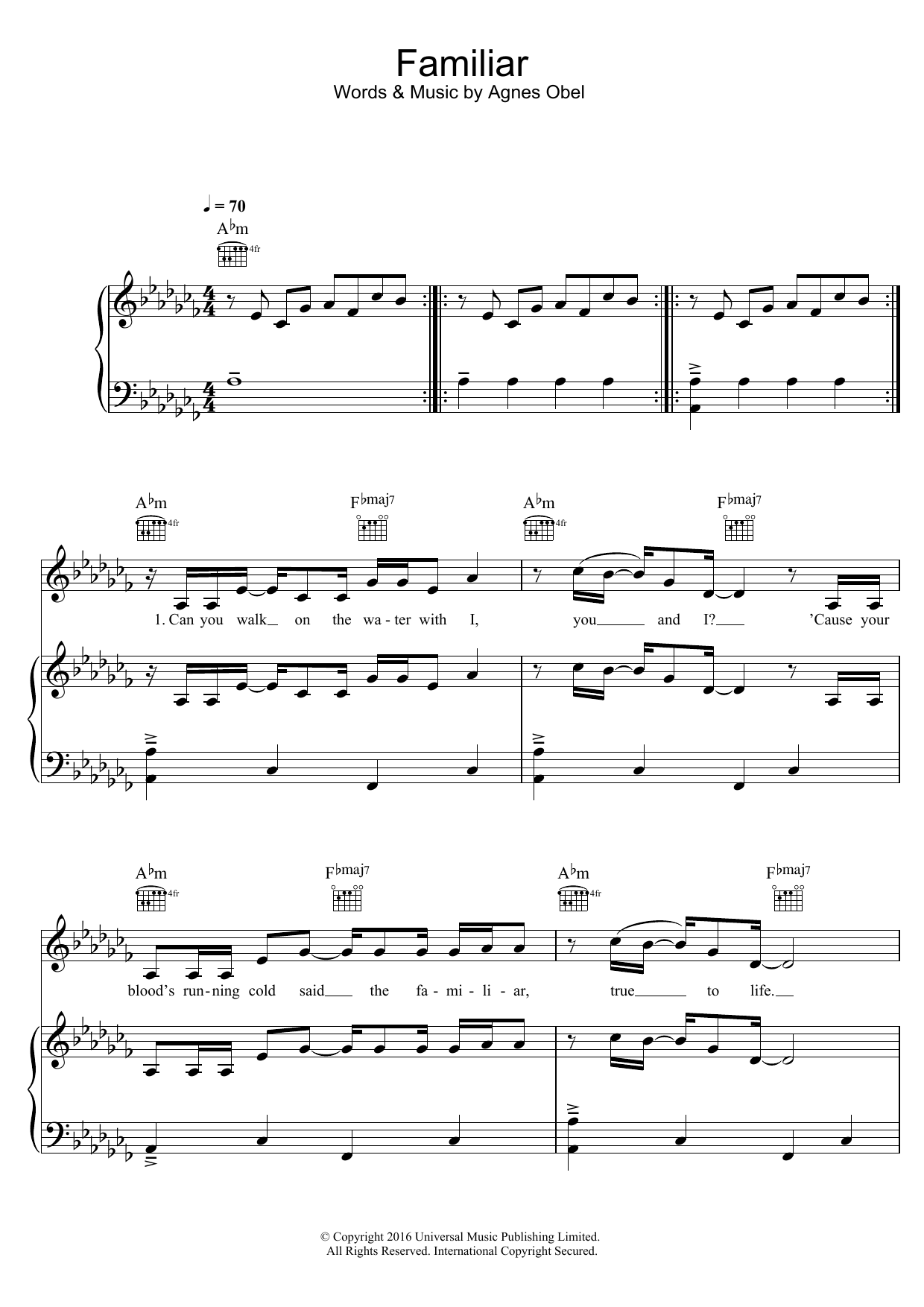 Agnes Obel Familiar sheet music notes and chords arranged for Piano, Vocal & Guitar Chords