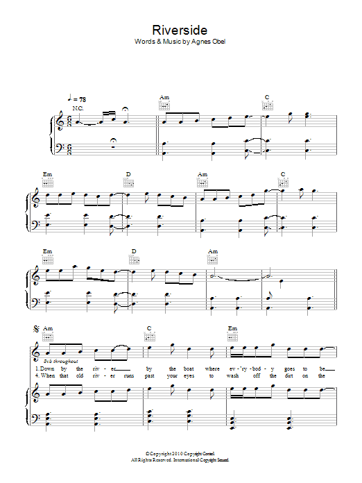Agnes Obel Riverside sheet music notes and chords arranged for Piano, Vocal & Guitar Chords (Right-Hand Melody)