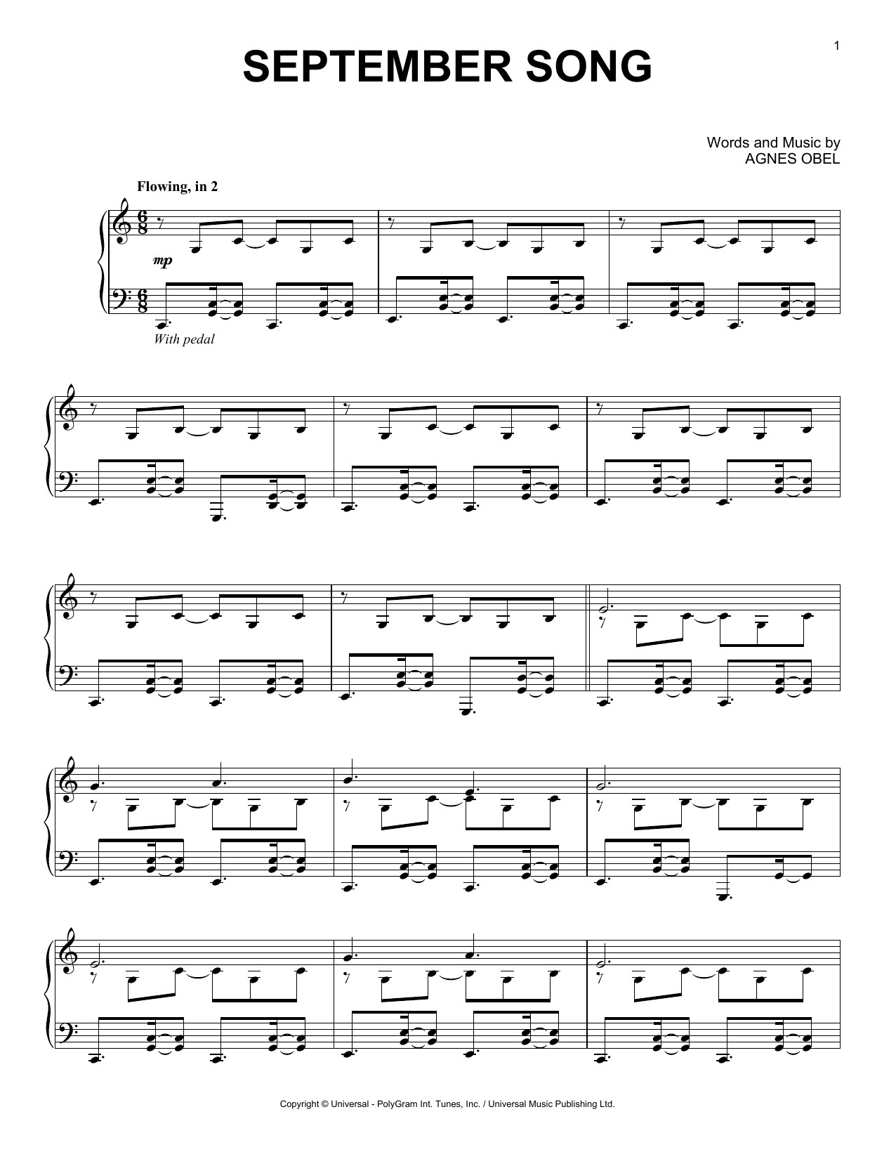 Agnes Obel September Song sheet music notes and chords arranged for Piano Solo