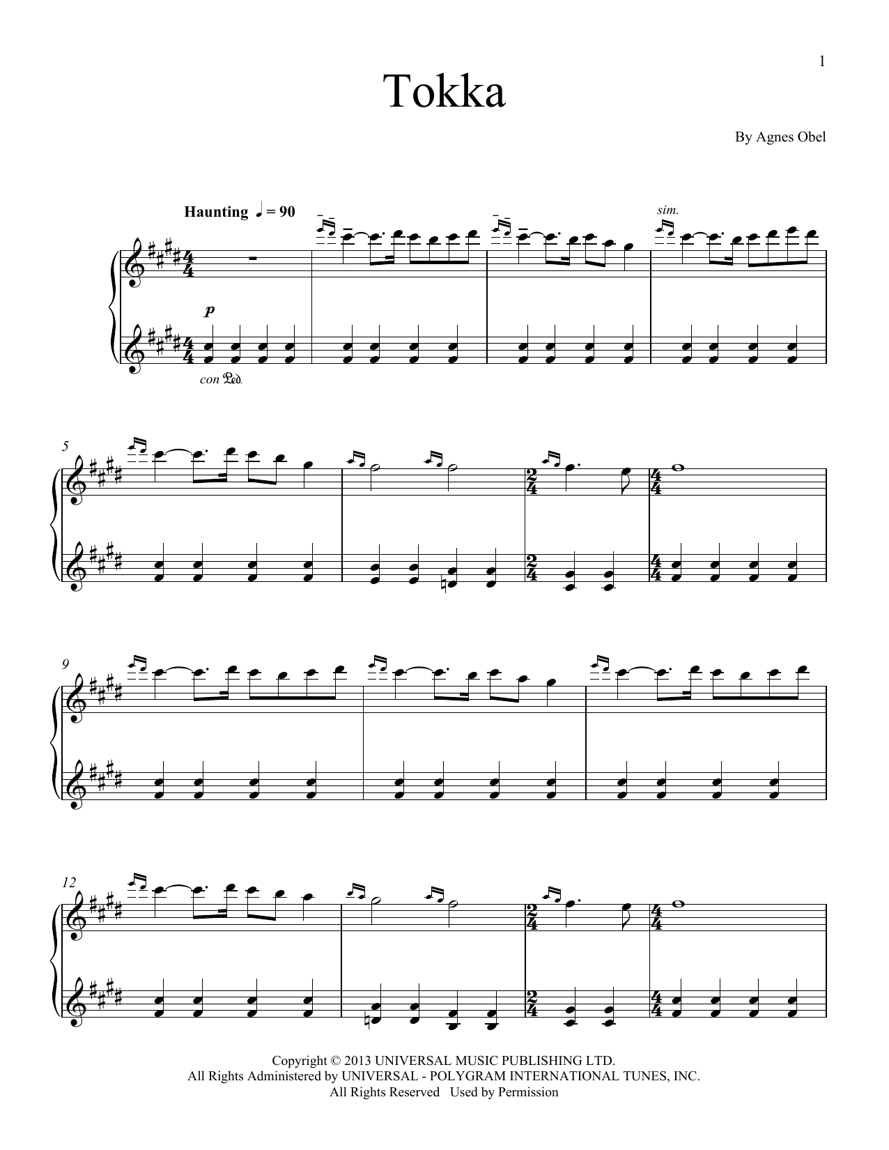 Agnes Obel Tokka sheet music notes and chords arranged for Piano Solo