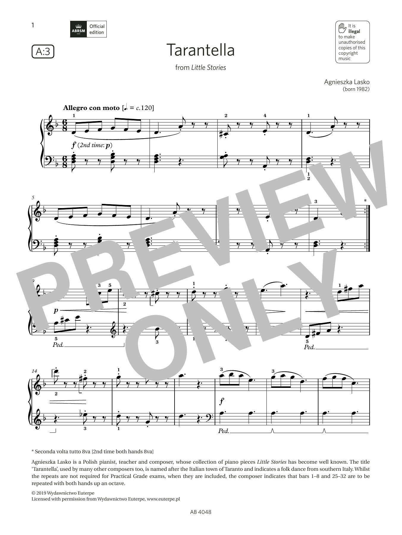 Agnieszka Lasko Tarantella (Grade 2, list A3, from the ABRSM Piano Syllabus 2023 & 2024) sheet music notes and chords arranged for Piano Solo