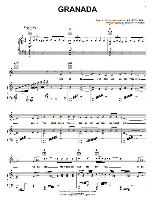 Agustin Lara Granada sheet music notes and chords arranged for Very Easy Piano