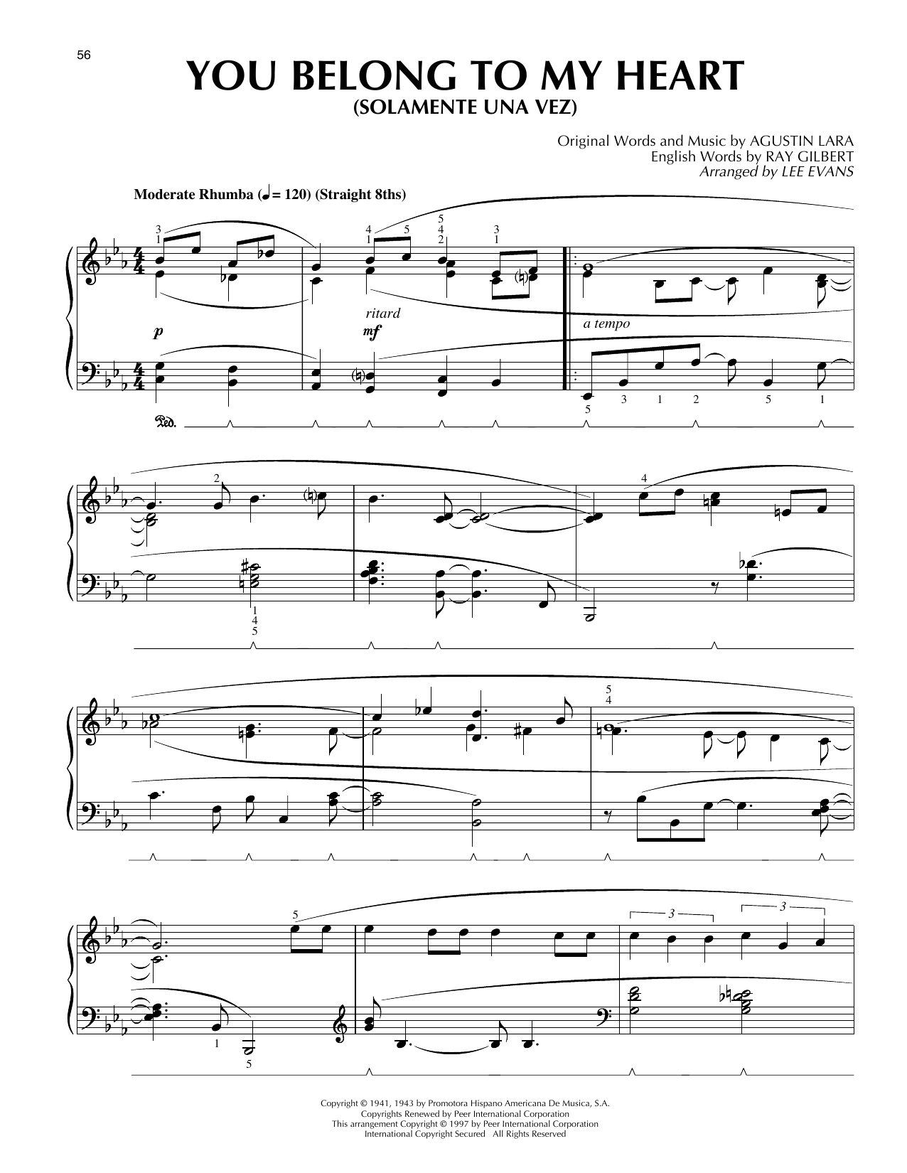Agustin Lara You Belong To My Heart (Solamente Una Vez) (arr. Lee Evans) sheet music notes and chords arranged for Piano Solo