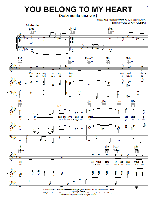 Agustin Lara You Belong To My Heart (Solamente Una Vez) sheet music notes and chords arranged for Piano, Vocal & Guitar Chords (Right-Hand Melody)