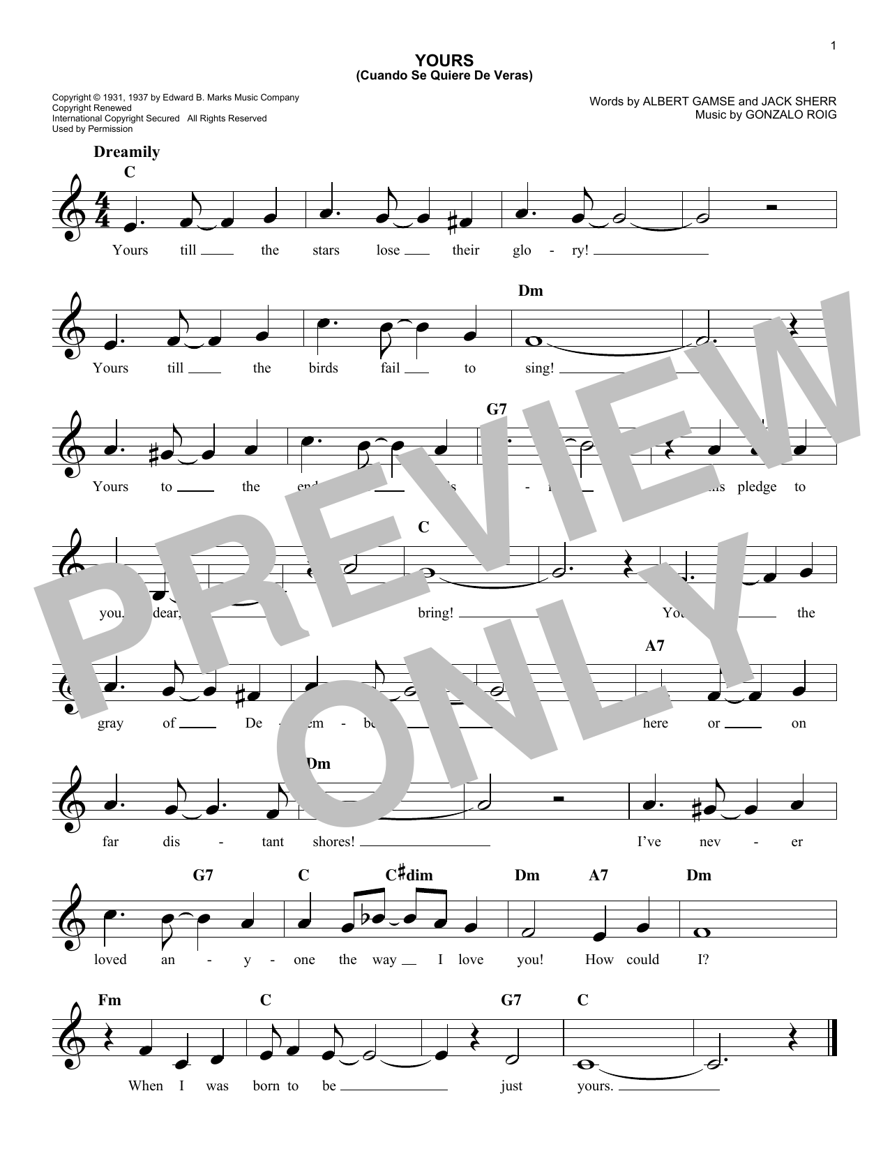 Agustin Rodriguez Yours (Quiereme Mucho) sheet music notes and chords arranged for Real Book – Melody & Chords