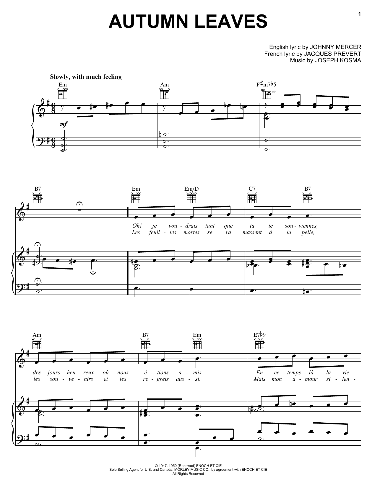 Ahmad Jamal Autumn Leaves sheet music notes and chords arranged for Piano, Vocal & Guitar Chords (Right-Hand Melody)