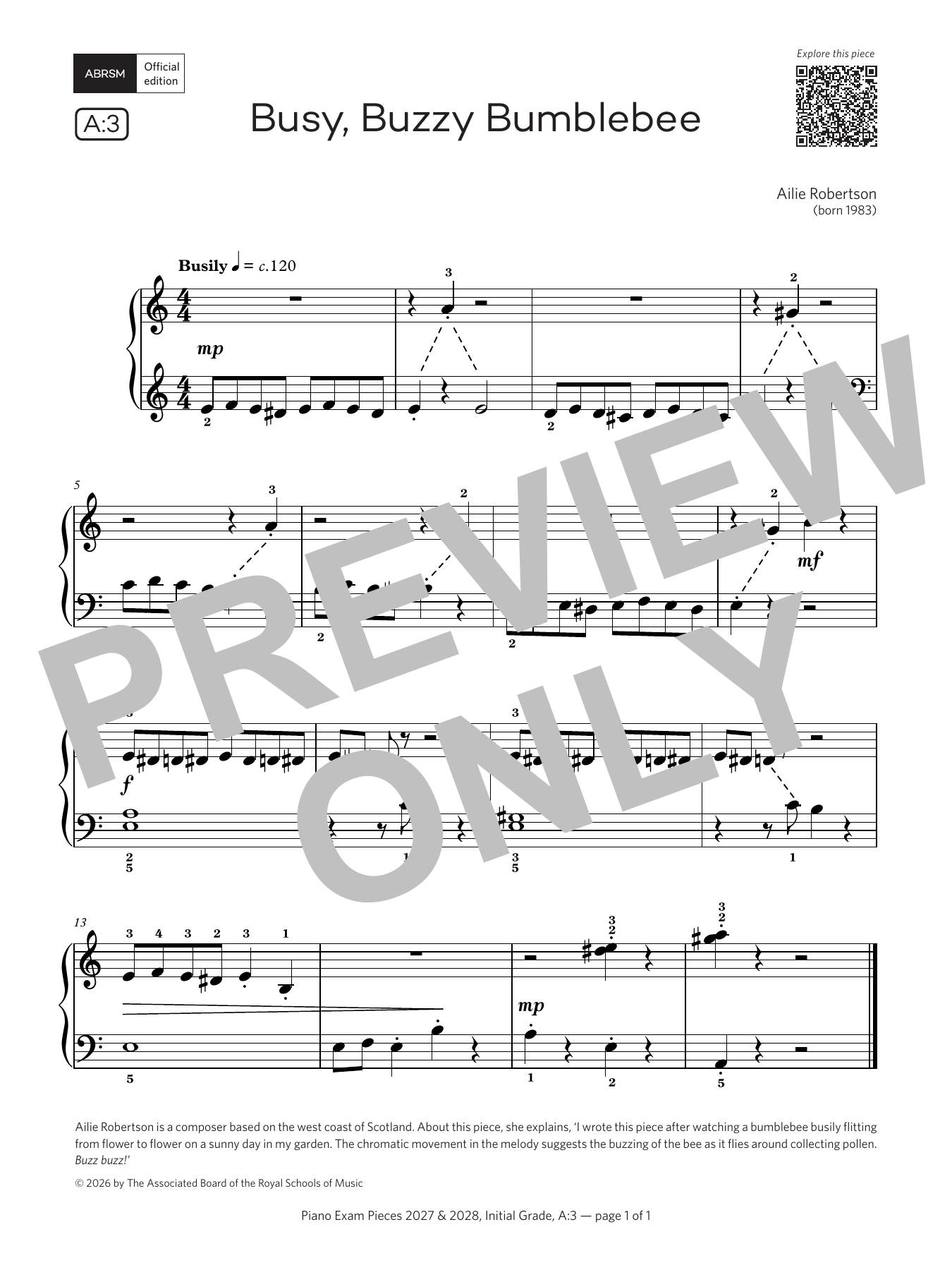 Ailie Robertson Busy, Buzzy Bumblebee (Grade Initial, list A3, from the ABRSM Piano Syllabus 2027 & 2028) sheet music notes and chords arranged for Piano Solo
