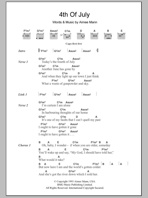 Aimee Mann 4th Of July sheet music notes and chords arranged for Guitar Chords/Lyrics