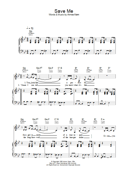 Aimee Mann Save Me sheet music notes and chords arranged for Piano, Vocal & Guitar Chords