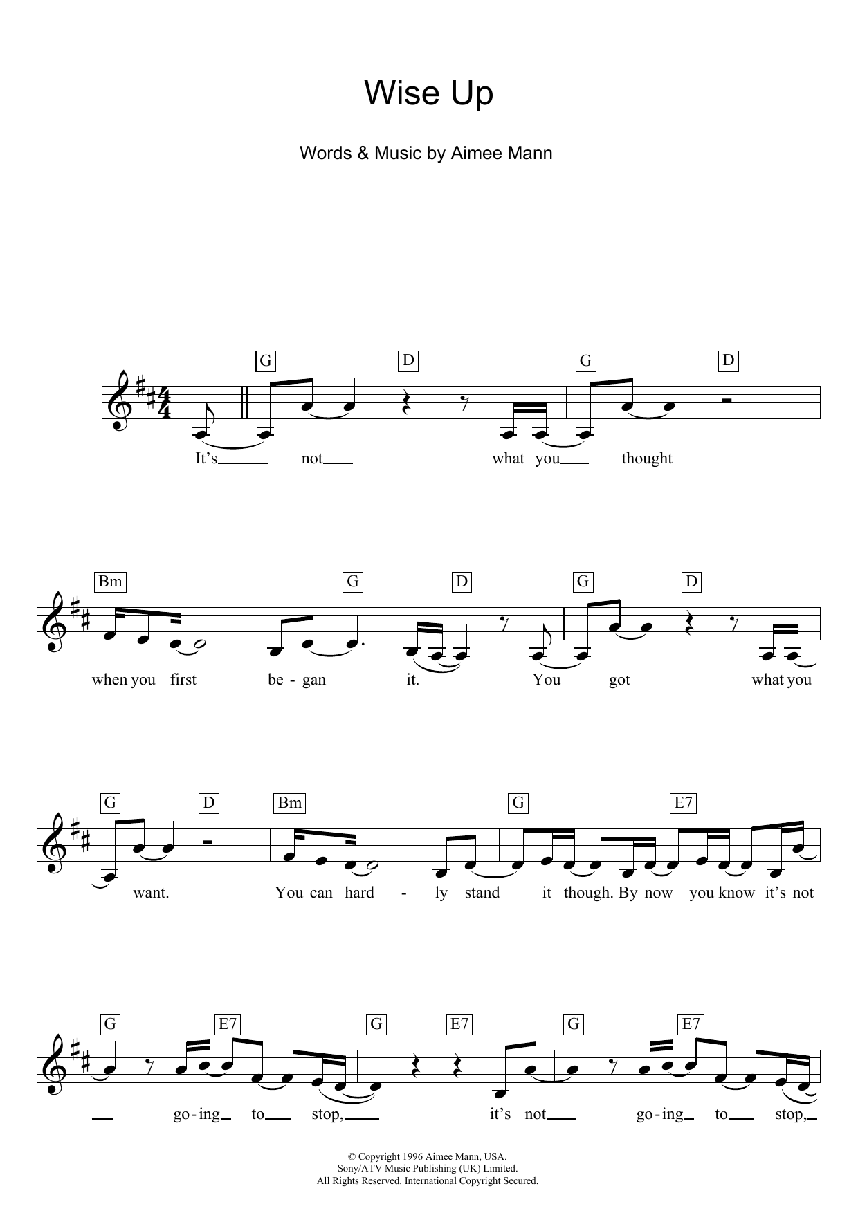 Aimee Mann Wise Up (from Magnolia) sheet music notes and chords arranged for Lead Sheet / Fake Book