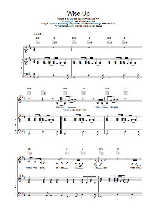 Aimee Mann Wise Up sheet music notes and chords arranged for Piano, Vocal & Guitar Chords