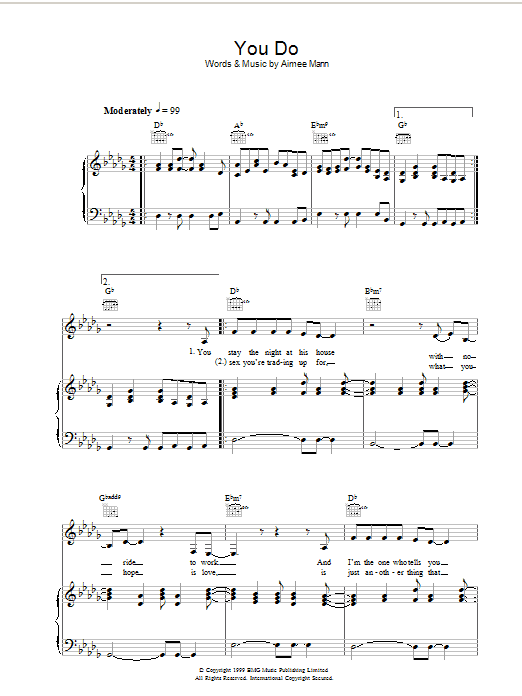 Aimee Mann You Do sheet music notes and chords arranged for Piano, Vocal & Guitar Chords