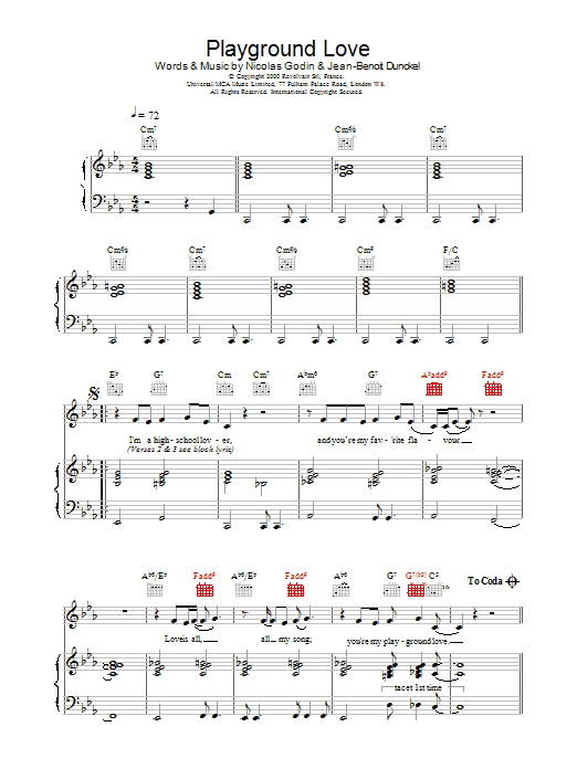 Air Playground Love sheet music notes and chords arranged for Piano, Vocal & Guitar Chords