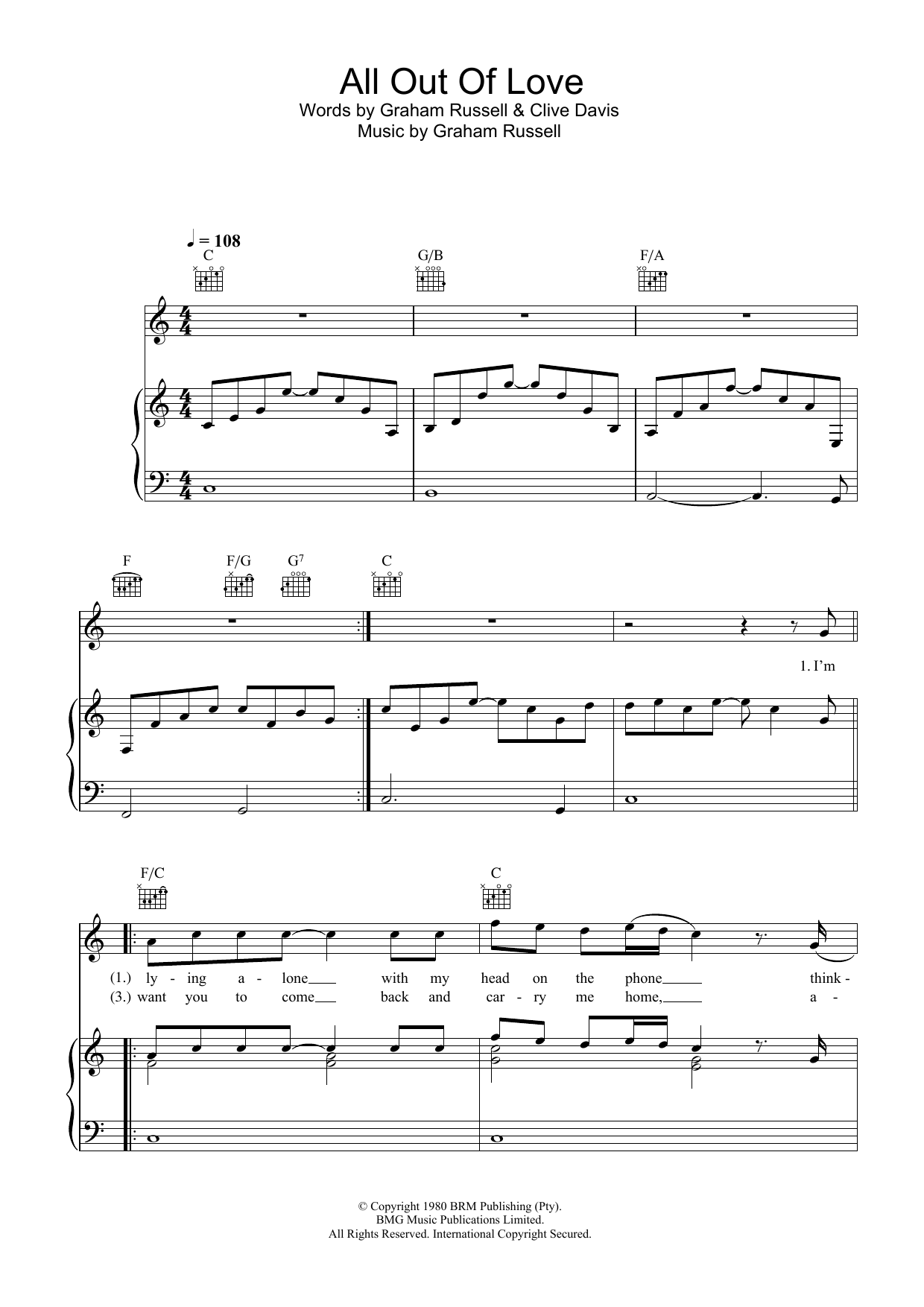 Air Supply All Out Of Love sheet music notes and chords arranged for Piano Chords/Lyrics
