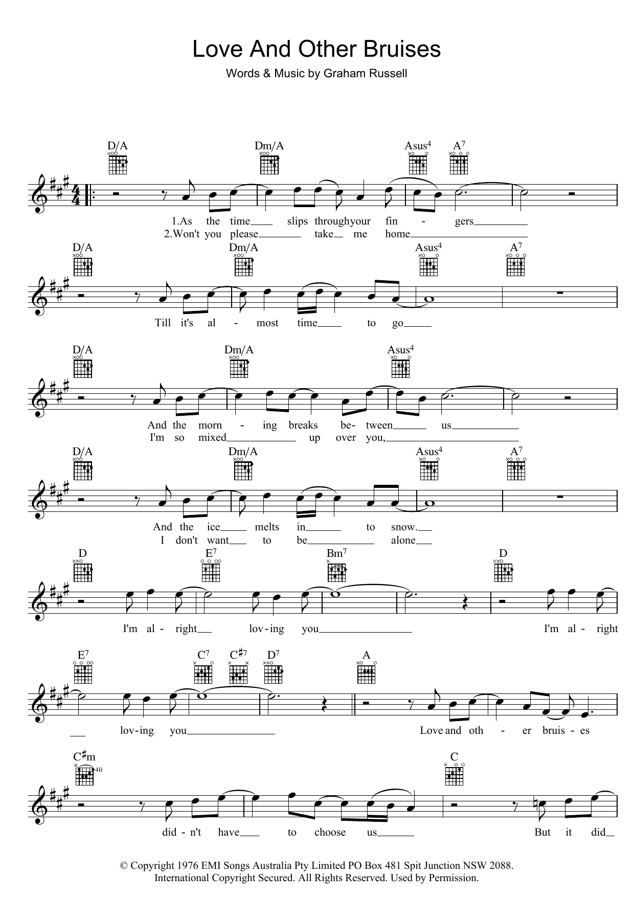 Air Supply Love And Other Bruises sheet music notes and chords arranged for Lead Sheet / Fake Book