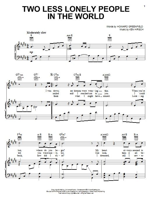 Air Supply Two Less Lonely People In The World sheet music notes and chords arranged for Piano, Vocal & Guitar Chords (Right-Hand Melody)