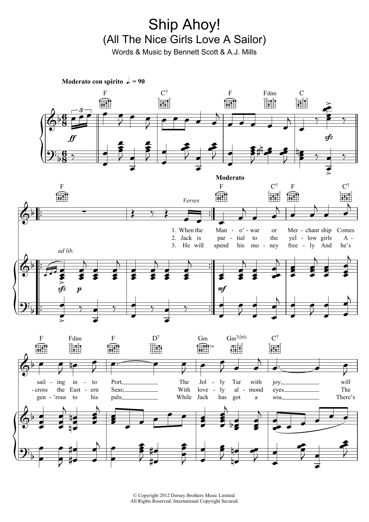 A.J. Mills Ship Ahoy! (All The Nice Girls Love A Sailor) sheet music notes and chords arranged for Piano, Vocal & Guitar Chords