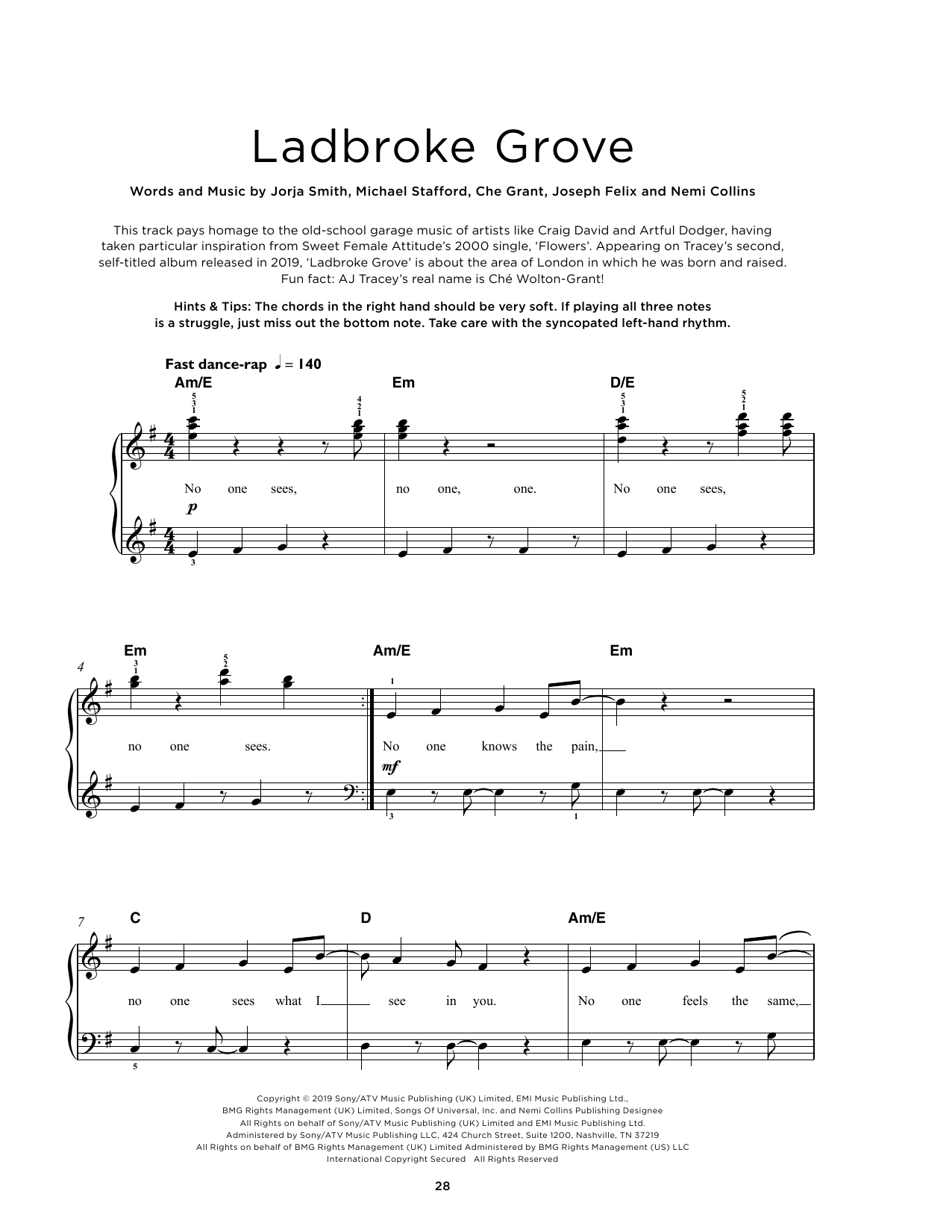 AJ Tracey Ladbroke Grove sheet music notes and chords arranged for Really Easy Piano
