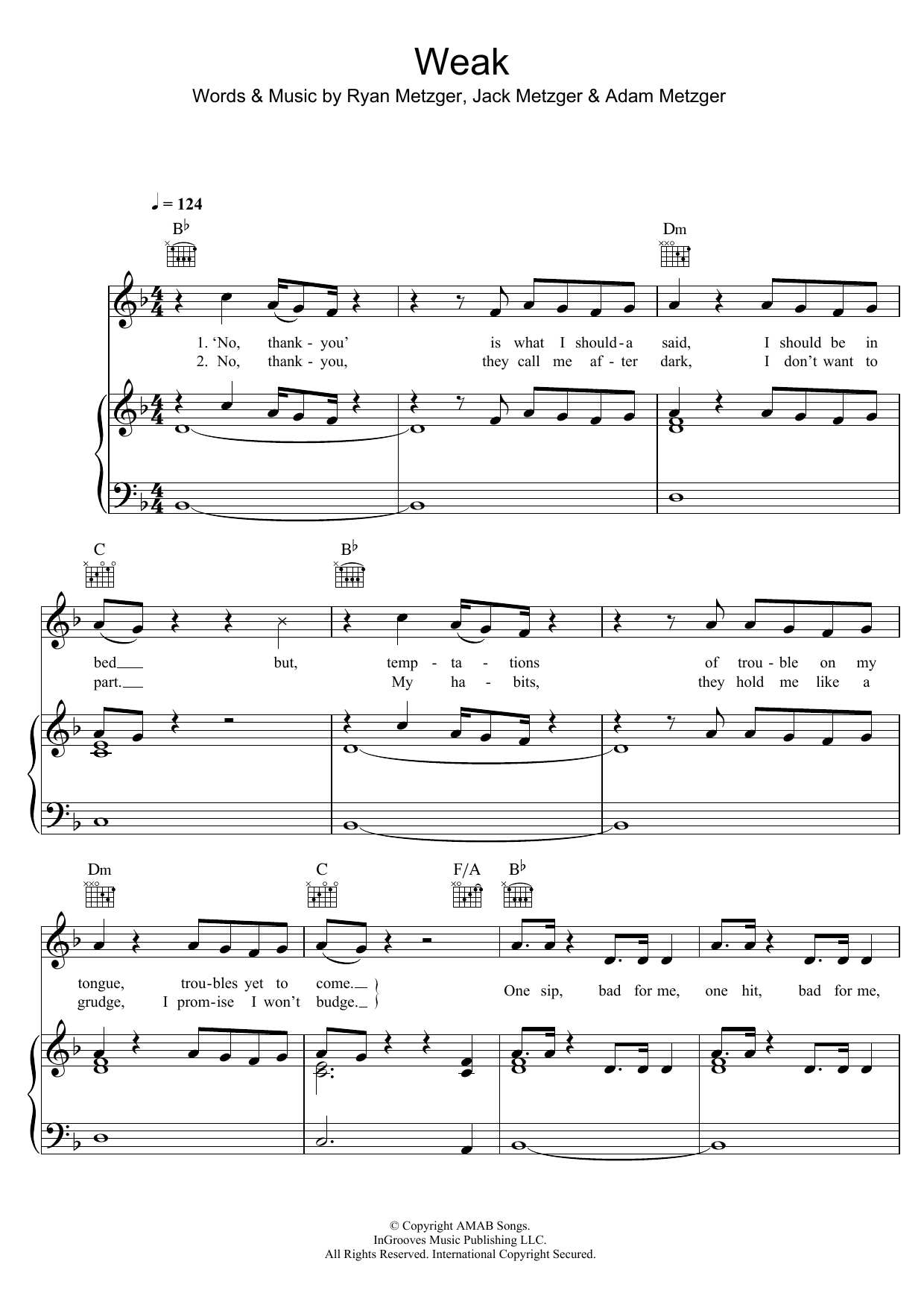 AJR Weak sheet music notes and chords arranged for Piano, Vocal & Guitar Chords