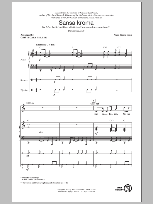 Akan Game Song Sansa Kroma (arr. Cristi Cary Miller) sheet music notes and chords arranged for 3-Part Treble Choir