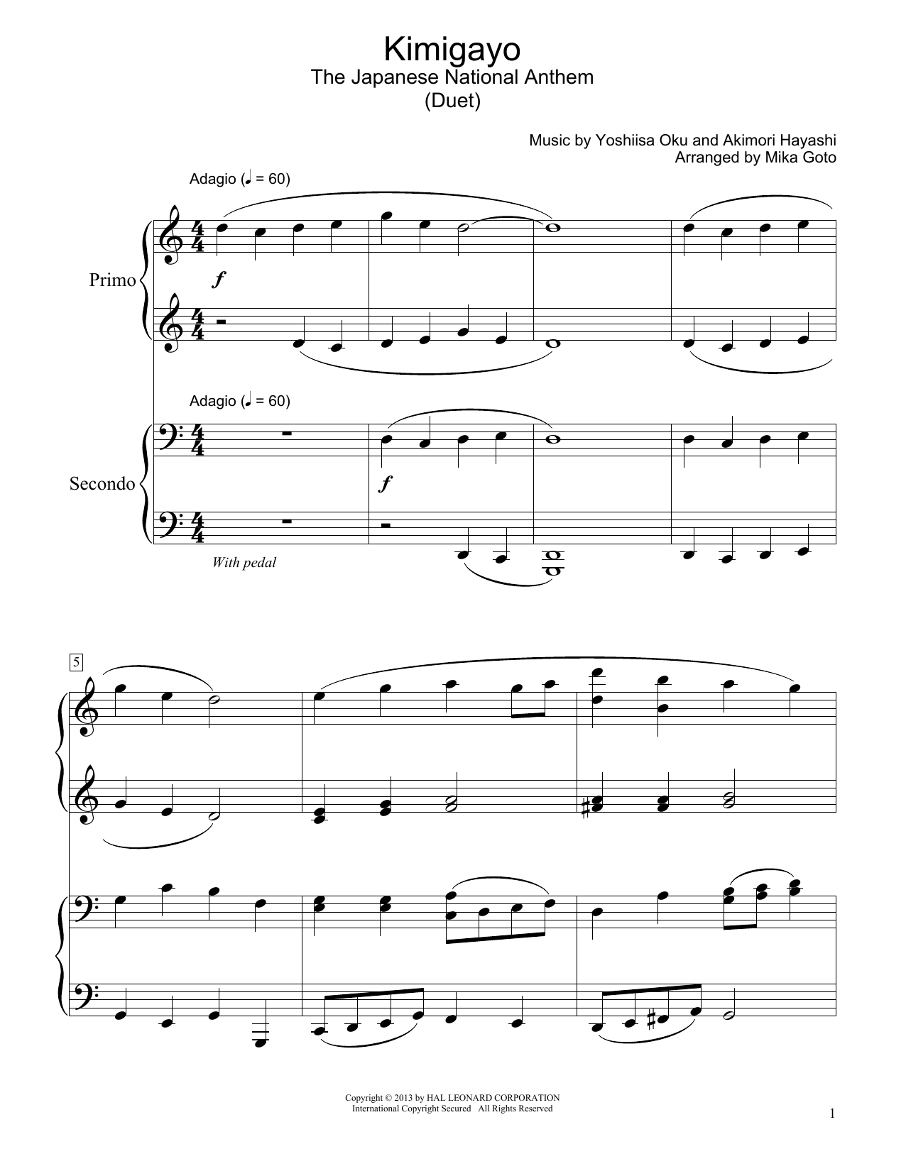 Akimori Hayashi Kimigayo (Japanese National Anthem) (arr. Mika Goto) sheet music notes and chords arranged for Piano Duet