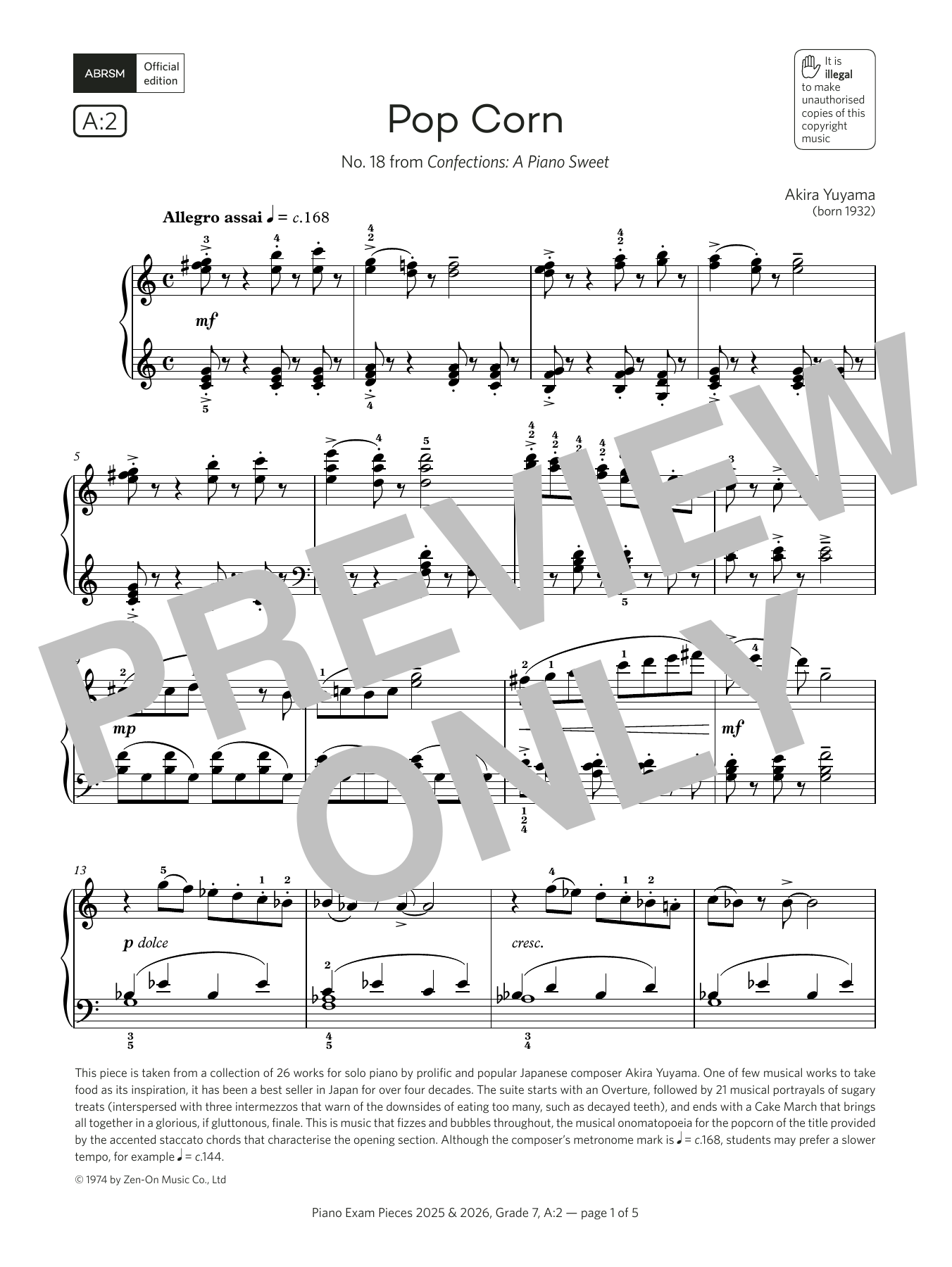 Akira Yuyama Pop Corn (Grade 7, list A2, from the ABRSM Piano Syllabus 2025 & 2026) sheet music notes and chords arranged for Piano Solo