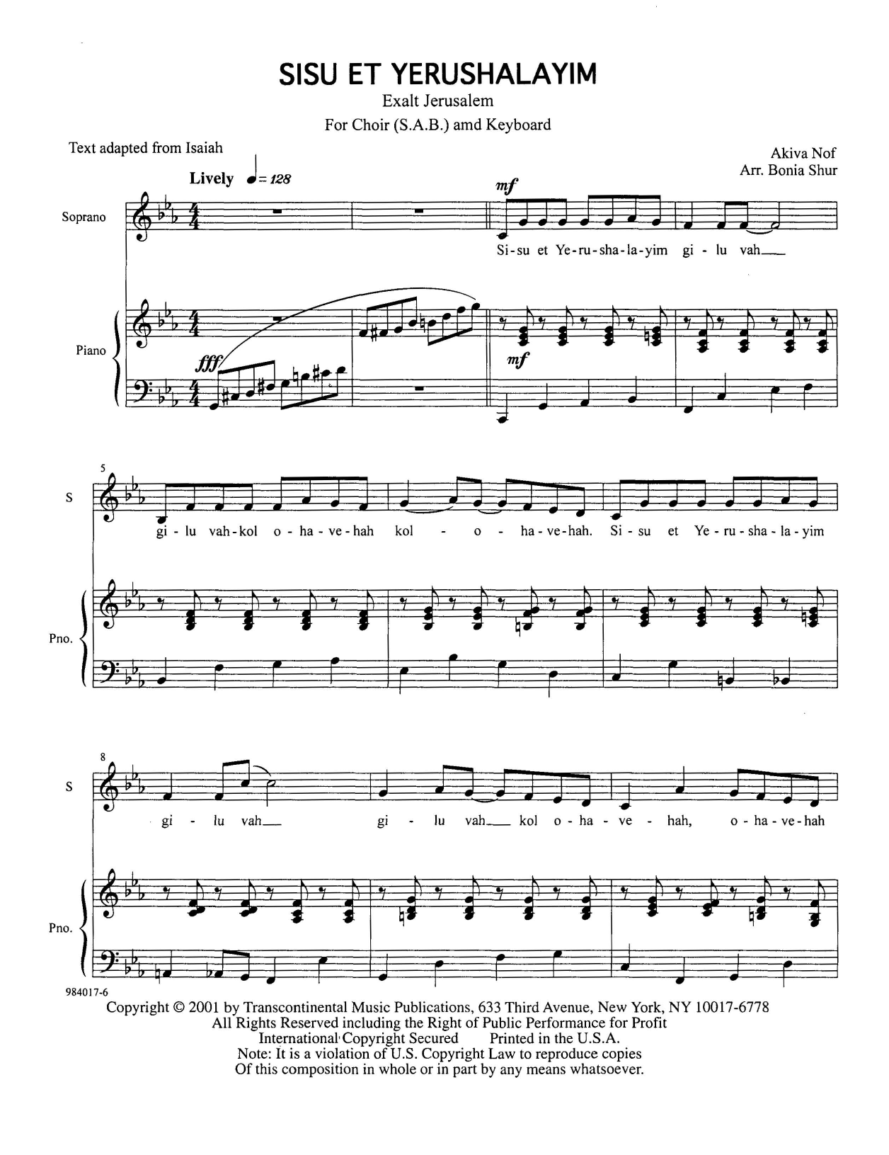 Akiva Nof Sisu Et Yerushalayim (Exalt Jerusalem) sheet music notes and chords arranged for SAB Choir