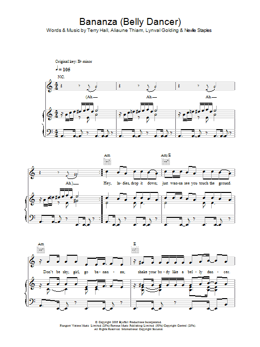 Akon Bananza (Belly Dancer) sheet music notes and chords arranged for Piano, Vocal & Guitar Chords