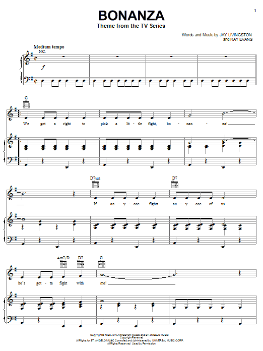 Al Caiola Bonanza sheet music notes and chords arranged for Piano, Vocal & Guitar Chords (Right-Hand Melody)