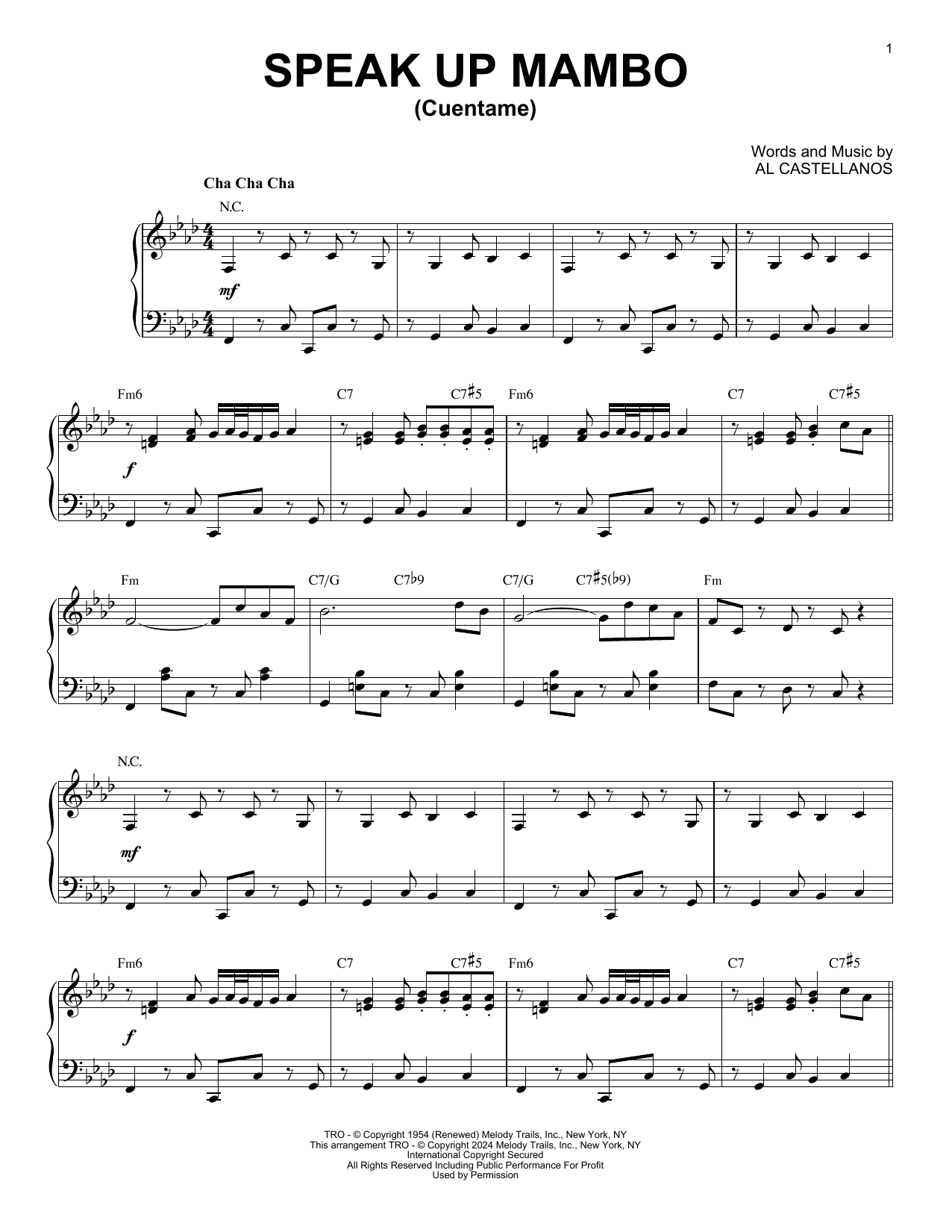 Al Castellanos Speak Up Mambo (Cuentame) (arr. Brent Edstrom) sheet music notes and chords arranged for Piano Solo