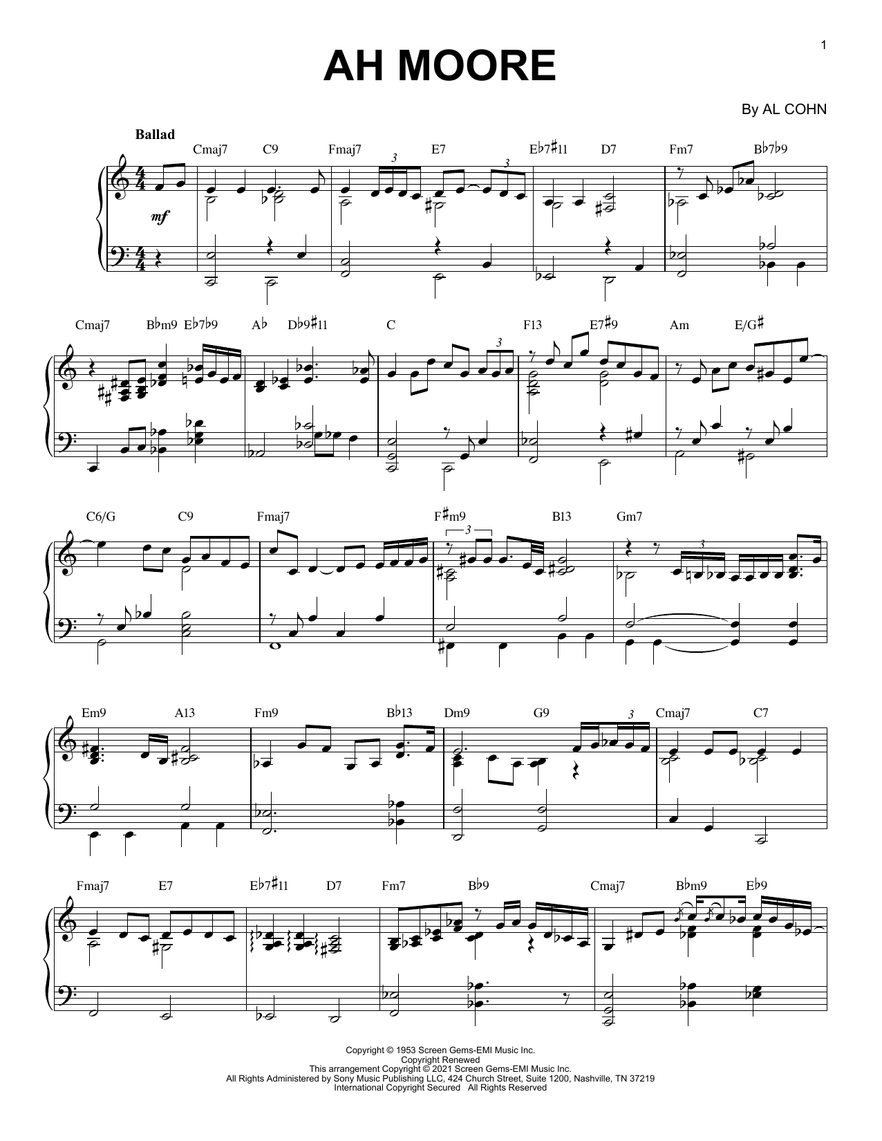 Al Cohn Ah-Moore [Jazz version] (arr. Brent Edstrom) sheet music notes and chords arranged for Piano Solo