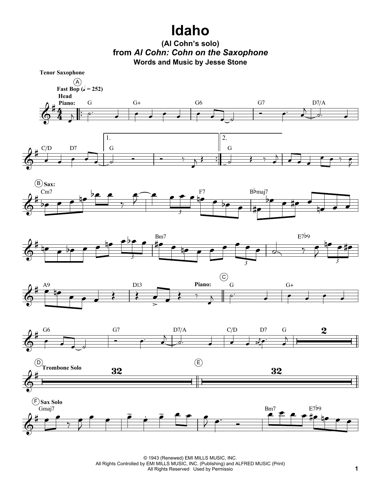 Al Cohn Idaho sheet music notes and chords arranged for Tenor Sax Transcription