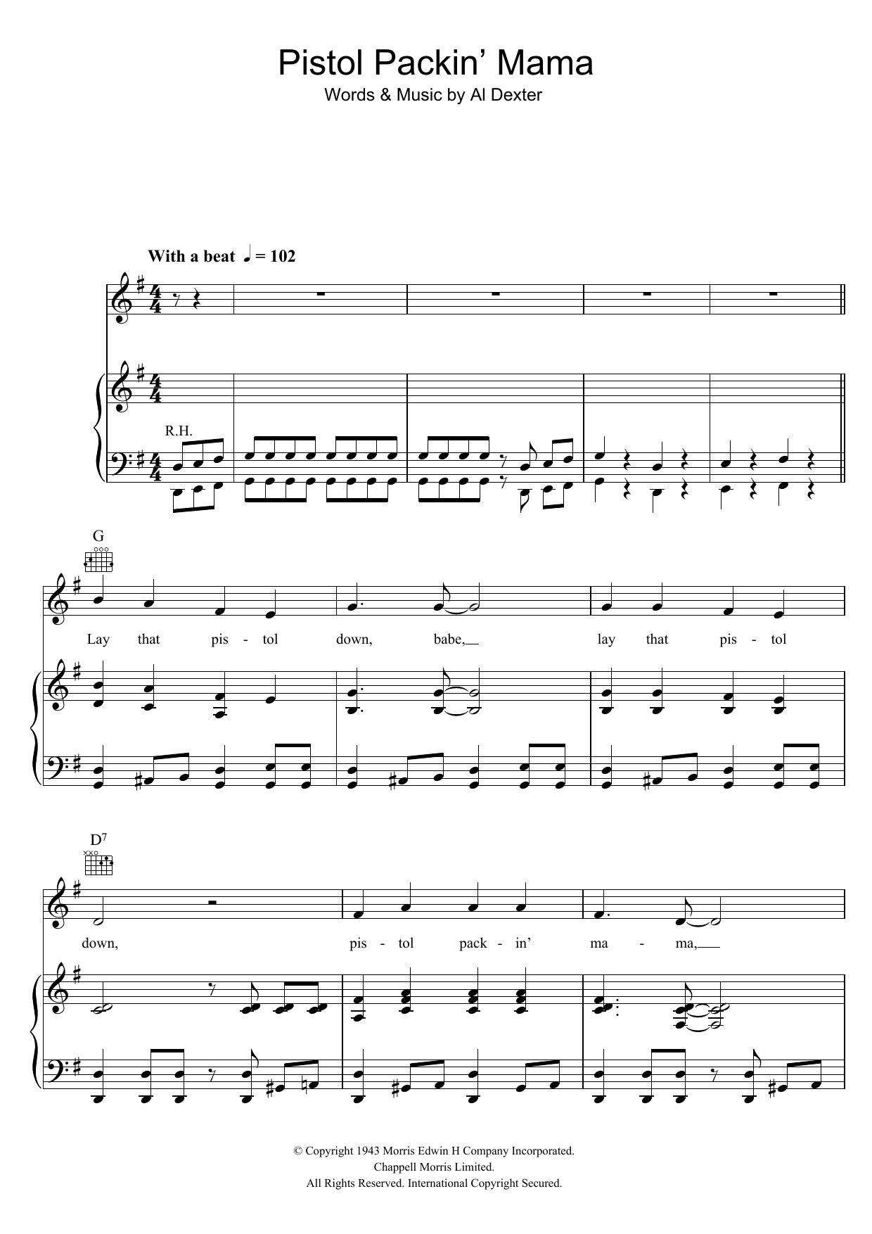 Al Dexter Pistol Packin' Mama sheet music notes and chords arranged for Piano, Vocal & Guitar Chords