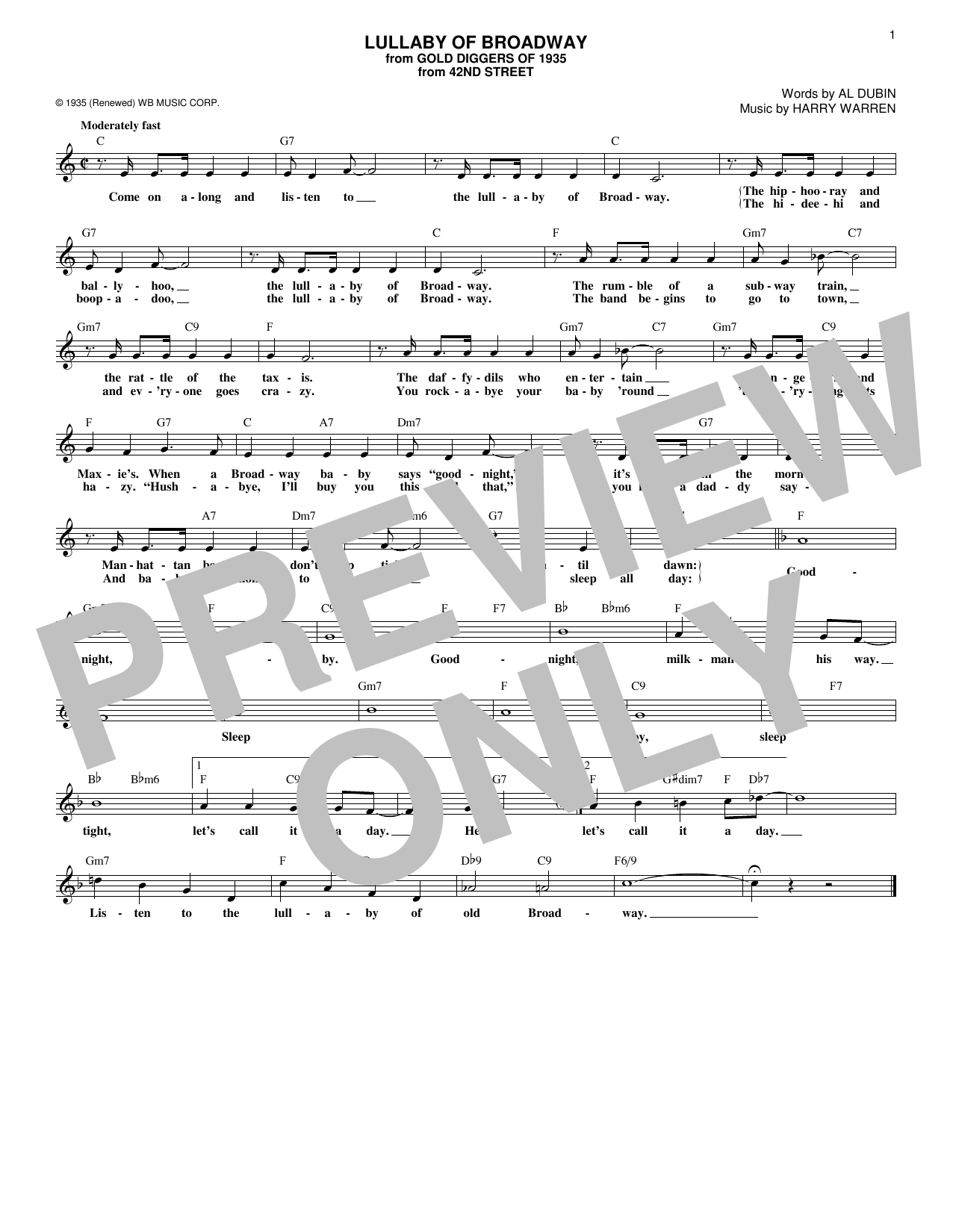 Al Dubin Lullaby Of Broadway sheet music notes and chords arranged for Vocal Pro + Piano/Guitar